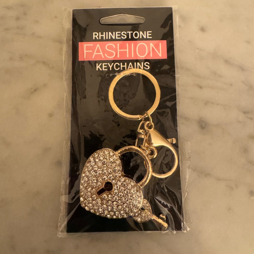 Gold Heart Lock and Key Rhinestone Fashion Keychain Bag Charm Bling Accessory